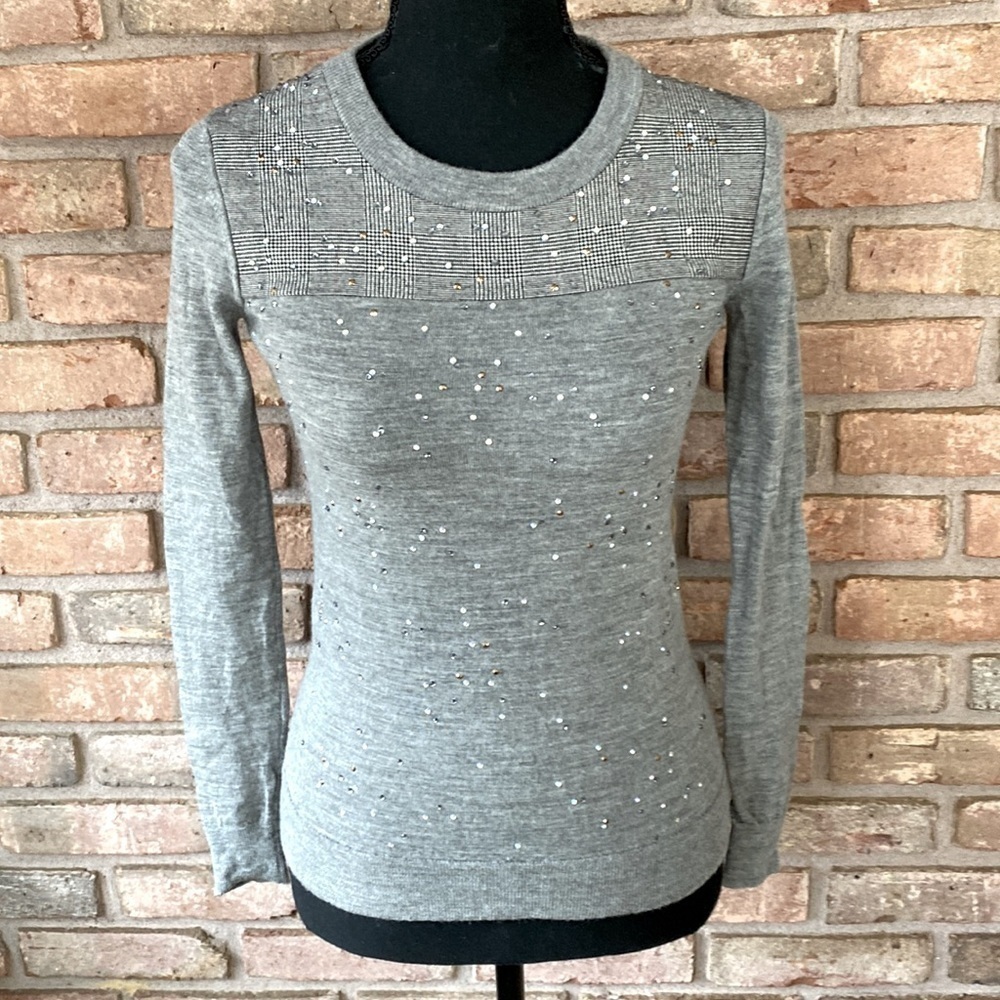 J Crew XXS Rhinestone Plaid Sweater Heather Grey NWOT - Picture 2 of 11
